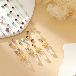 Natural stone necklace with hexagonal crystal pendant and colorful crushed stones