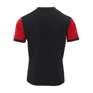 Back view of black and red contrast short sleeve polo shirt with smooth knit texture