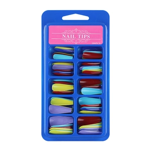 Colorful 100pcs long coffin nail tips in a blue plastic storage box display