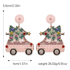 Detailed view of pink car and Christmas tree earrings with size and weight specs