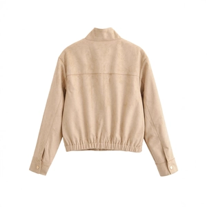 Back view of women's short faux suede jacket in sand yellow with elasticized hem