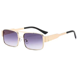 Fashionable gold metal double bridge sunglasses with purple gradient square lenses