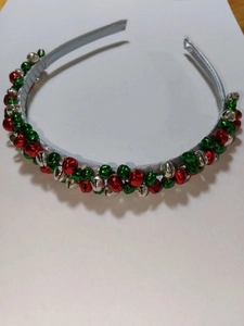 Christmas headband with gray frame and colorful red, green, silver metal bells for parties