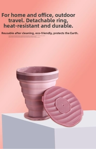 Tazza da caffè pieghevole in silicone rosa con fascia isolante e coperchio abbinato