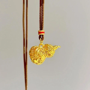24k gold-plated hollow gourd pendant necklace with traditional filigree and brown cord