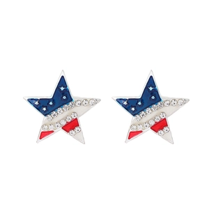 Star-shaped American flag stud earrings with crystals and red blue white enamel finish