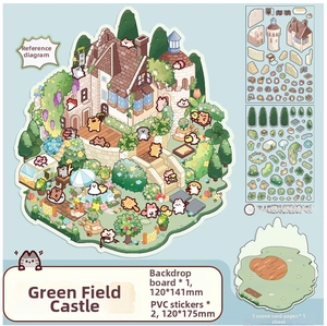 Macro detail of DIY 3D landscape sticker kit including PVC stickers and cardboard base