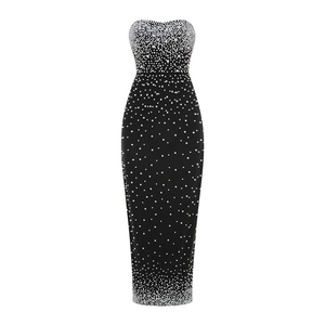 Elegant black strapless floor-length evening dress with white pearl bead embellishments