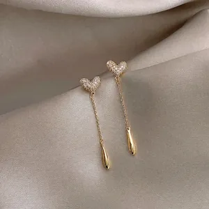 Elegant Heart Tassel Stud Earrings For Women With 925 Sterling Silver Post Gold Plated Copper Rhinestone Dangle Jewelry