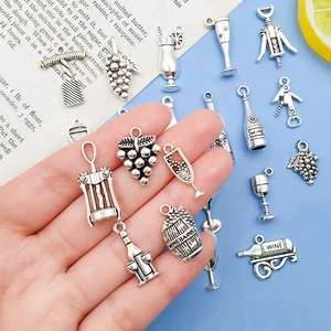 Antique silver wine theme alloy charms set including opener bottle and grape clusters