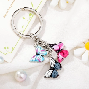 Exquisite crystal butterfly keychain with colorful enamel pendants on a silver metal ring