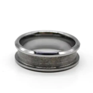 Detail view of gun grey tungsten carbide ring blank with brushed center groove for DIY
