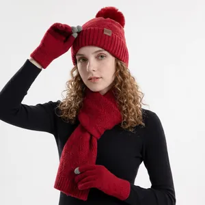 Winter women's red knitted beanie with pompom, scarf and touchscreen gloves 3-piece set