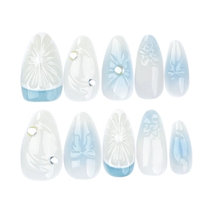 Unghie finte 3D Ombre blu con motivi floreali e gocce d'acqua set da 10