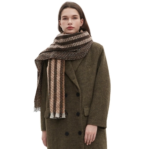 Brown and beige striped thick winter scarf with tassels worn with green double-breasted coat