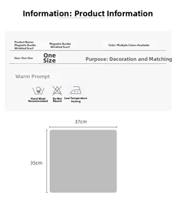 Size chart for magnetic pleated silk scarf measuring 37cm by 35cm with care instructions