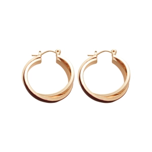 Polished gold twist hoop earrings with a textured vintage crossover design on white background