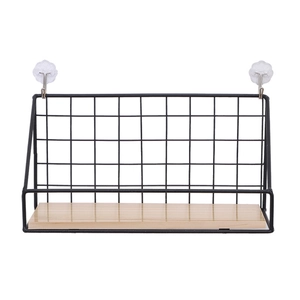 Nordic wall shelf with black metal frame and wood base shown on white background