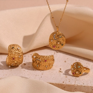 Vintage Stainless Steel Star Moon Pendant Necklace Hammered Gold Plated Rhinestone Artificial Pearl Evil Eye Ring Jewelry