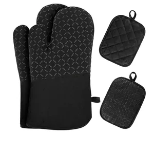 Silicone Oven Mitts And Pot Holders Heat Resistant Cotton Lining Non-Slip Thickened For Kitchen Cooking Baking Grilling