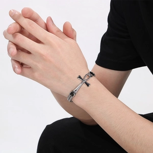 Vintage Edelstahl-Gliederkette mit silber-schwarzem Ankh-Kreuz-Anhänger für Herren