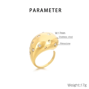 Spécifications détaillées de la bague goutte en acier doré ornée de strass brillants