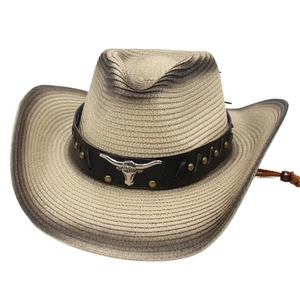 Western straw cowboy hat with bull head ornament and vintage gradient brim effect