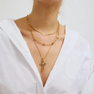 Three-layer 18K gold plated stainless steel necklace with cross and colorful stones