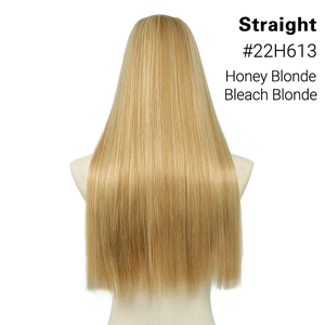 Detail of straight honey blonde hair extension piece on mannequin for length and texture
