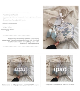 Floral canvas tote bag details with dimensions and decorative blue silk scarf