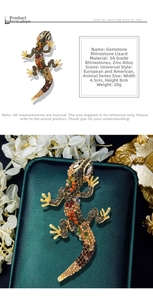 Detailed close-up of colorful crystal lizard brooch with dimensions 4.5cm by 8cm