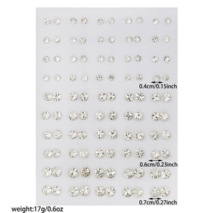 Set of 50 pairs of assorted crystal rhinestone stud earrings on card with size markings
