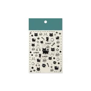 5D embossed nail stickers featuring cute black cat patterns and stars for 3D DIY manicure