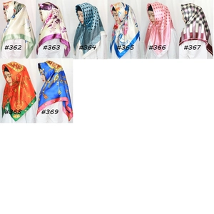 Collage of eight silk satin scarves featuring various floral and geometric patterns