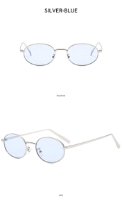 Close-up of retro oval silver sunglasses with blue lenses showing front and side views