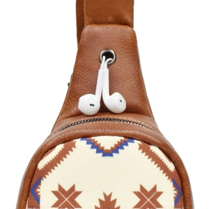 Detail of bohemian chest bag with geometric star patterns and integrated earphone jack