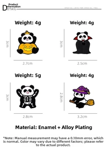 Size chart showing dimensions and weights of Halloween panda enamel pins and brooches