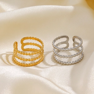Stainless Steel Multi Layer Beaded Open Adjustable Ring For Women Gold Plated Geometric Fashion Jewelry