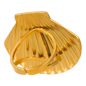 Polished gold scallop shell ring with adjustable band shown on a white background