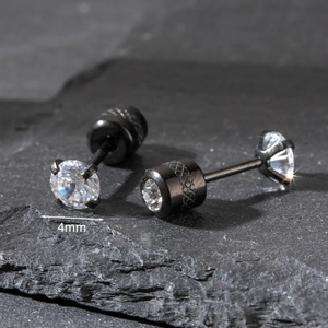 Detailed macro view of 4mm cubic zirconia stud earrings with textured black screw backs