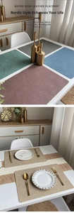 Detail of waterproof leather placemats in multiple Morandi colors and textures