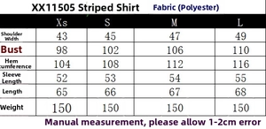 Size chart showing measurements for the women's striped long sleeve casual shirt