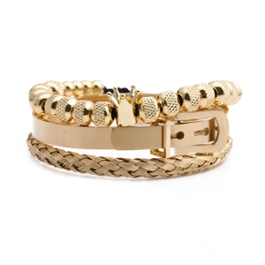 Three-piece gold titanium steel jewelry set with crown beads and twisted cuff bracelets