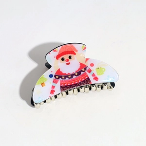 Detail showing cartoon Santa Claus print on acrylic hair claw clip with silver metal teeth