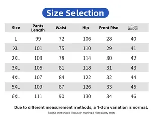 Detailed size chart for men's straight sports pants ranging from size L to 6XL