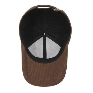Inside view of brown corduroy baseball cap with black lining and metal buckle adjustment