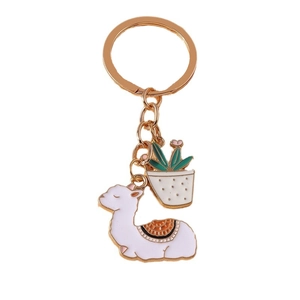 Chic alpaca and cactus plant keychain with gold metal ring and enamel finish