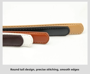 Detail of round tail faux leather belts with contrast stitching and smooth edge oil finish