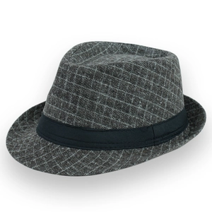 Cappello fedora classico in lana a quadri grigi e marroni con nastro di raso