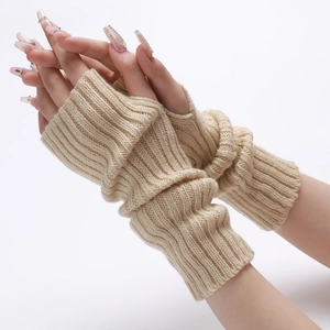 30cm long beige knitted fingerless arm warmer gloves with ribbed texture for men and women